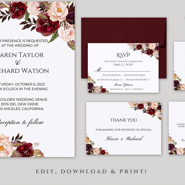 EDITABLE Marsala Wedding Invitation Suite, Marsala and Blush Wedding Invitation, Burgundy and Blush Wedding Invitation Template