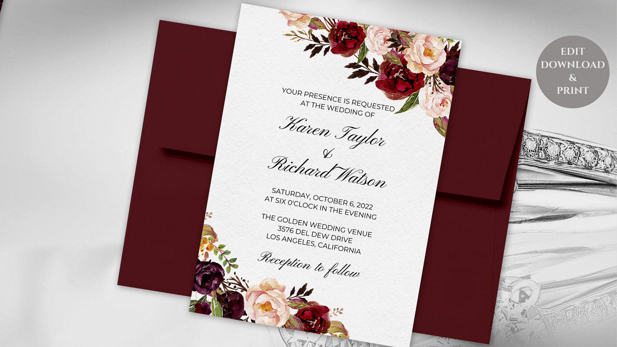 EDITABLE Marsala Wedding Invitation Suite Marsala and Blush - Etsy