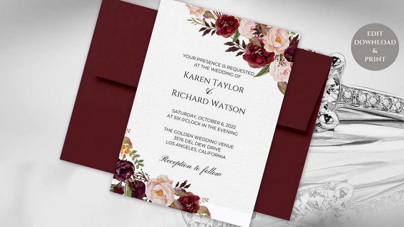 EDITABLE Marsala Wedding Invitation Suite Marsala and Blush - Etsy