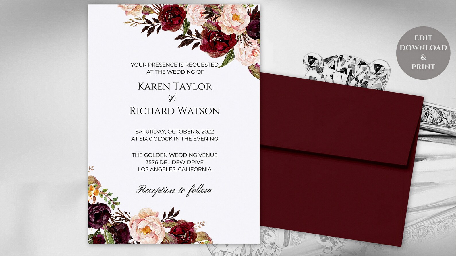 EDITABLE Marsala Wedding Invitation Suite Marsala and Blush - Etsy
