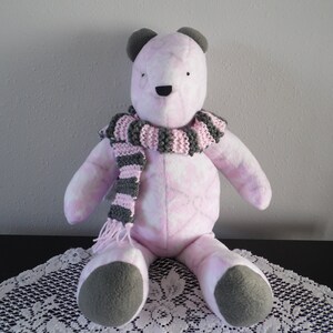 Pink and gray 18&quot; plush bear with striped scarf