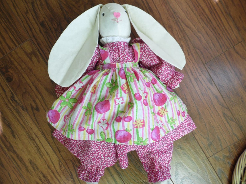 and strawberry pinafore bloomers Handmade bunny in pink dress