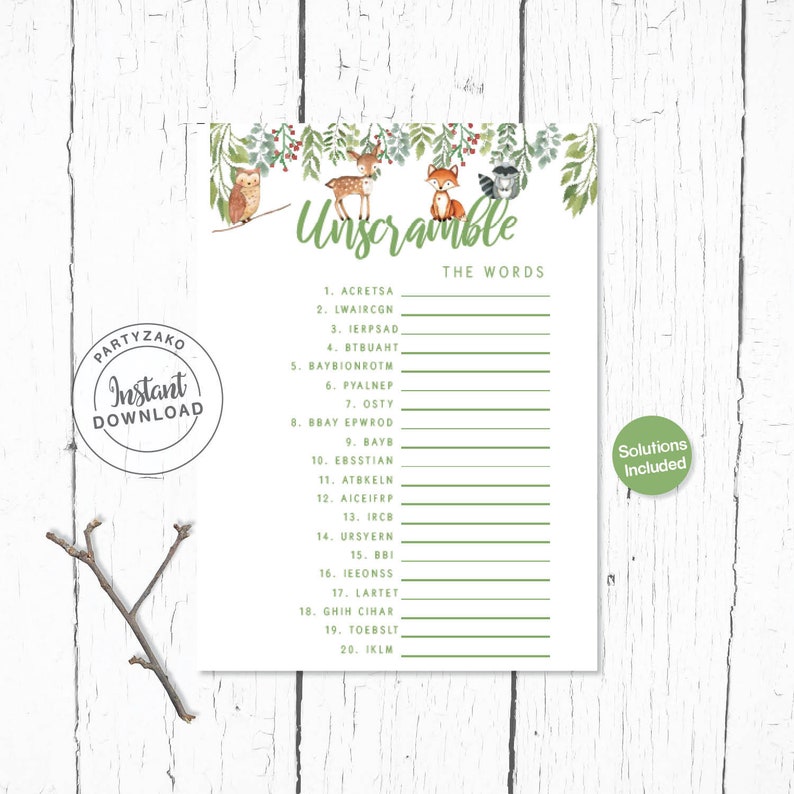 Woodland Unscramble The Words Baby Shower Game Forest Etsy