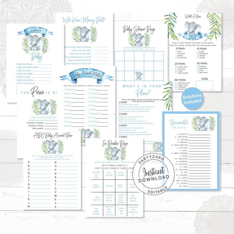 Elephant Baby Shower Game Bundle Elephant Baby Shower Games Etsy