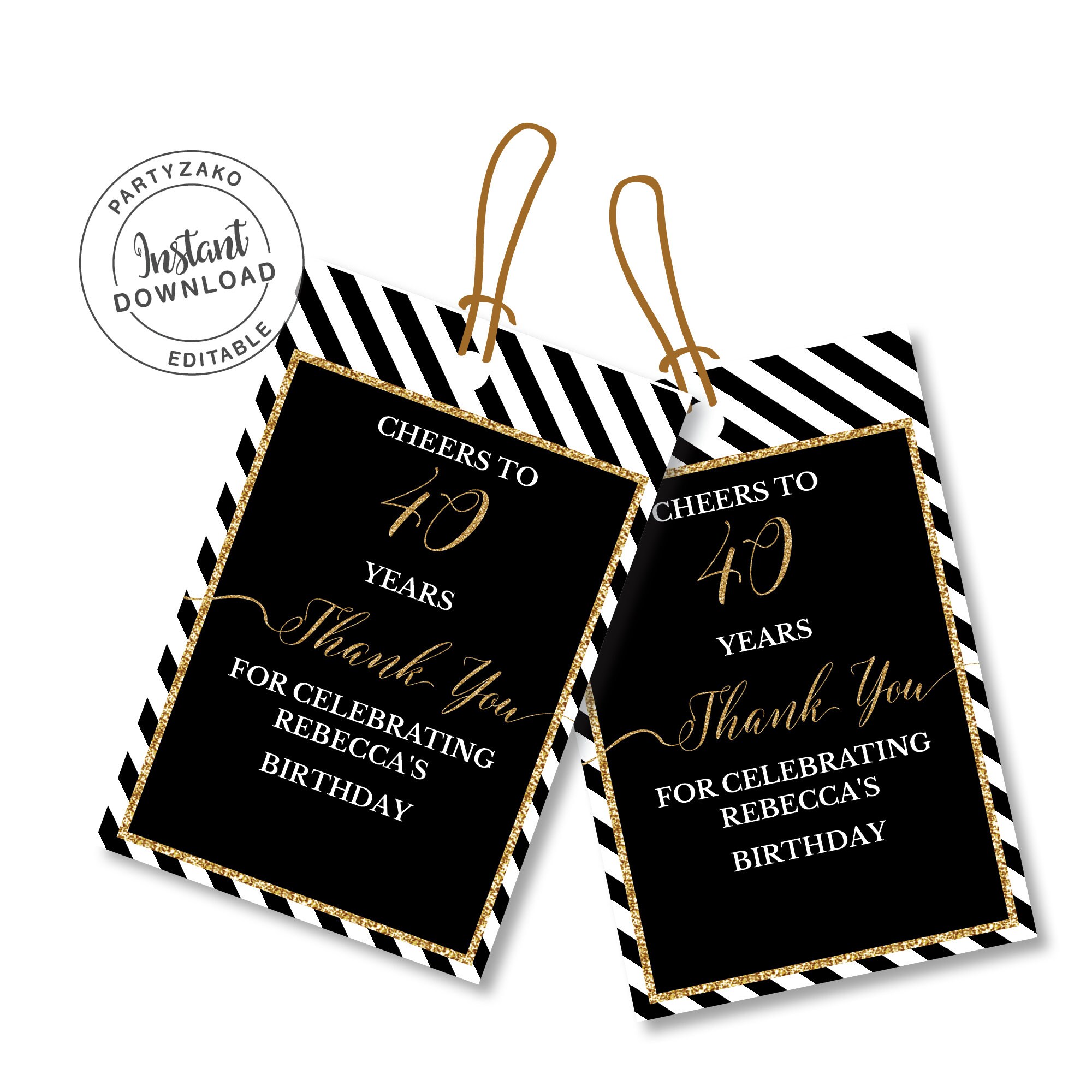 40th Birthday Favor Tags / Black and gold Forty birthday Etsy