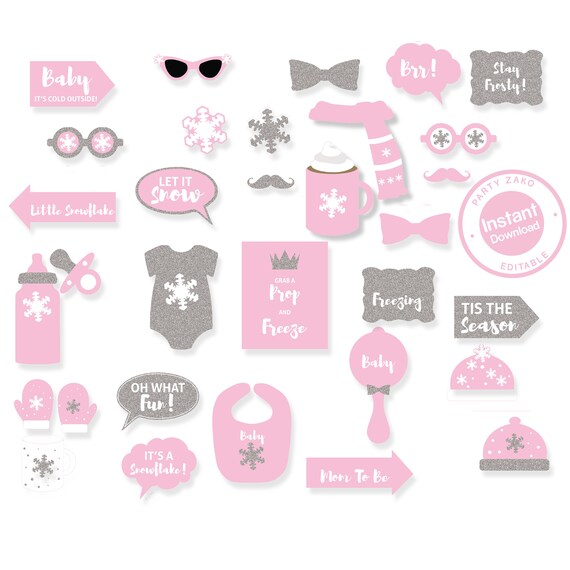 Pink winter Baby Shower Props \u2022 Little Snowflake girl baby shower Props \u2022 girl winter baby shower props \u2022 Pink Snow photo booth