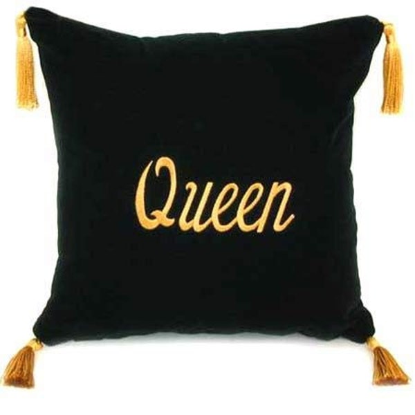 Queen Black Velvet Square Pillow 13x13 w/ Golden Tassels, Handmade Embroidered Pillows, Unique Throw Pillow for Bed, Sofa, Couch or Chair