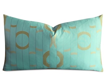 Aquamarine Turquoise Gold Geometric Woven Lumbar Pillow Cover 15x26