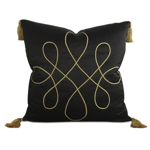 Black Silk Gold Tassel Geometric Pillow Cover 20&quot; x 20&quot;