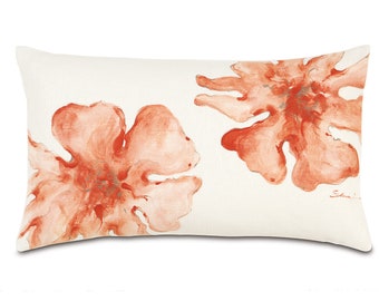 Orange Hand-Painted Floral Hibiscus Pillow Cover 13" x 22"