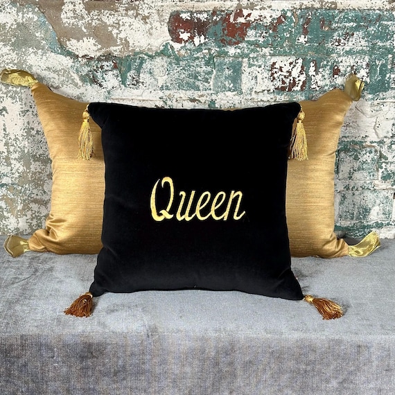 Queen Black Velvet Square Pillow 13x13 W Golden Tassels Handmade Embroidered Pillows Unique Throw Pillow for Bed Sofa Couch or Chair Etsy Canada