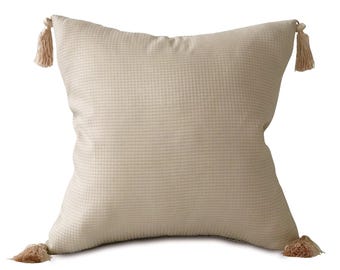 Cream Blush Gingham Throw Pillow Cover with Tassels 18x18