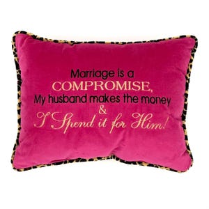 Raspberry Velvet Pillow 10x13" w/ Cheetah Print Welt Edge, Funny Quote Marriage is a Compromise Embroidered Pillows, Unique Sofa Cushions