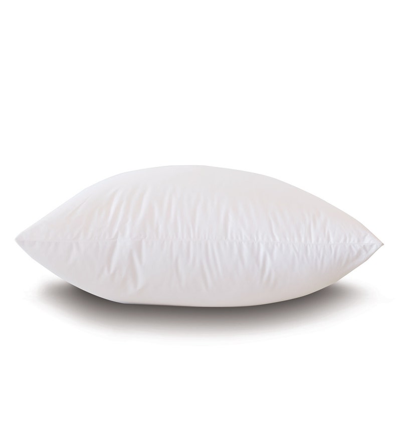 May include: A white pillow with a smooth, soft fabric cover. The pillow is rectangular and has a slight curve to it.