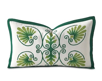 Green Hand Painted Botanical Outdoor Pillow Cover 13" x 22"
