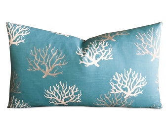 Turquoise Tropical Island Coral Print Lumbar Pillow Cover 15x26