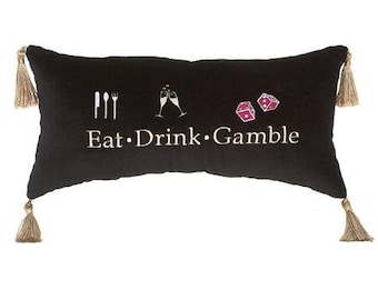 Almohada de terciopelo negro "Eat Drink Gamble" de 8 x 16 pulgadas, almohadas lumbares bordadas, cojín decorativo para cama, regalo para jugadores de sofá o para amantes de los casinos.