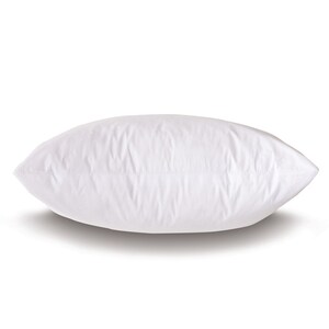 May include: A white pillow with a smooth, soft surface. The pillow is rectangular and has a slight curve to it.