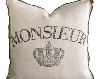 French Country Burlap/Jute Block Printed Decorative Pillow Cover - Rustic Pillow Cover 20" x 20"