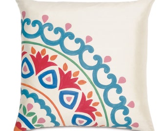 Hand Painted Suzani on Ivory Silk Decorative Pillow Cover 20" x 20"