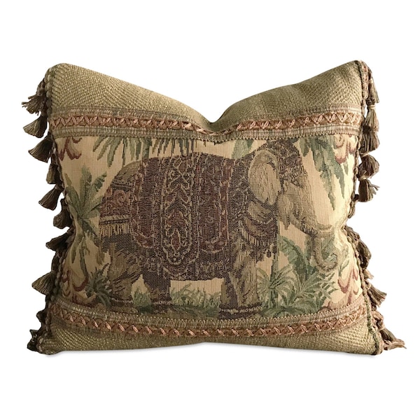 Exotic Elephant With Tassel Trim Tapestry Decorative Pillow Cover 14"x16"