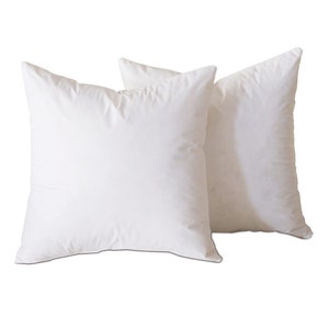 May include: Two white pillow inserts, made of down feathers, are shown on a white background. The pillows are square and have a soft, fluffy texture.