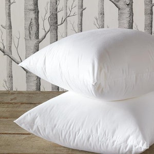 May include: Two white pillow inserts, stacked on top of each other, on a wooden surface. The pillows are made of a soft, white fabric and have a smooth, even texture.