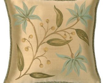 Hand Painted Blue Lotus Flowers on Gold Silk Decorative Pillow Cover 18" x 18"