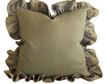 Olive Green Linen Ruffle Trim Throw Pillow Cover 22x22