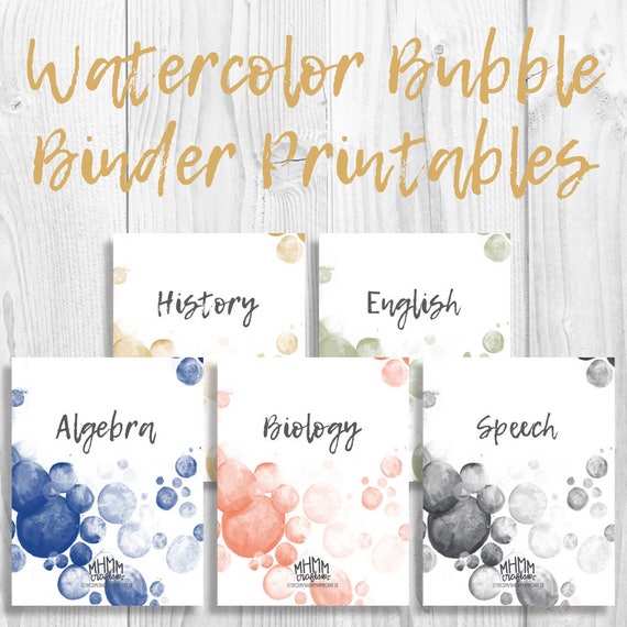 set of 5 printable binder cover inserts w spines free font customizable watercolor bubbles 5 colors instant download mhmmcrafts free printable customizable binder covers