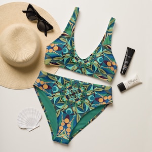 Green Mandala Bikini: Recycled High-Waisted Swimsuit