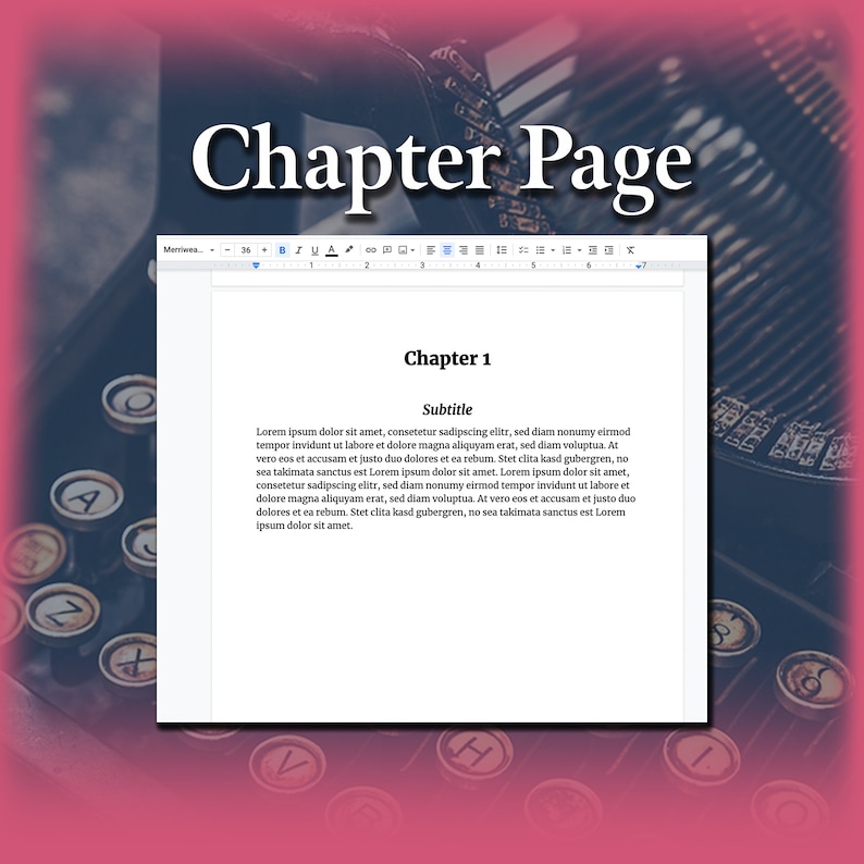 May include: A computer screen displaying a chapter page with the title "Chapter 1" and the subtitle "Subtitle". The text on the screen is a sample of Lorem Ipsum text.