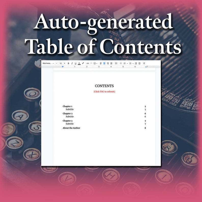 May include: A white document with a table of contents for a book. The table of contents includes chapter titles and subtitles, along with page numbers. The text "[Click TOC to refresh]" is displayed in red.