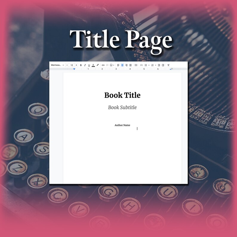 May include: A white computer screen with the words "Book Title", "Book Subtitle", and "Author Name" displayed on the screen. The screen is surrounded by a blue border and is set against a background of a vintage typewriter.