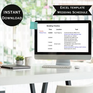 May include: A computer screen displaying a wedding timeline schedule with times, locations, and tasks for the day. The schedule includes tasks like "Bridesmaids begin getting ready" and "Bride leaves for venue".