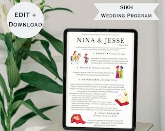 SIKH Editable Indian Wedding Ceremony Program with drawings - Digital download