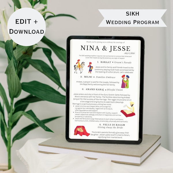 SIKH Editable Indian Wedding Ceremony Program with drawings - Digital download