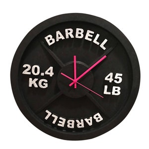 Barbell Wall Clock, 45LB Weight Plate Clock, Home Gym Decor, Fitness Room Wall Art, Workout Gift for Men, Garage Gym Clock - PINK HANDS