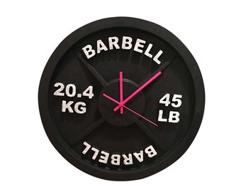 Barbell Wall Clock, 45LB Weight Plate Clock, Home Gym Decor, Fitness Room Wall Art, Workout Gift for Men, Garage Gym Clock - PINK HANDS