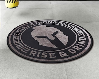Rise & Grind Spartan Helmet Gym Mat, 3ft Round Fitness Rug,Workout Room,Weightlifting,Strength Training,Athlete,Exercise Birthday Gift Ideas