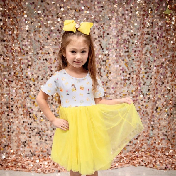 Beauty Dress Girl Princess Gown Theme Park Outfit Yellow Dress Tulle Tutu Toddler Dress up Clothes Little Girl Dress up Royal Costume