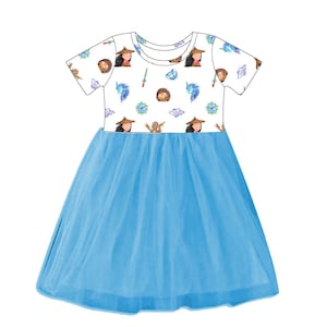 May include: A white tulle dress with short sleeves and a blue tulle skirt. The dress has a print of cartoon characters with a white background.