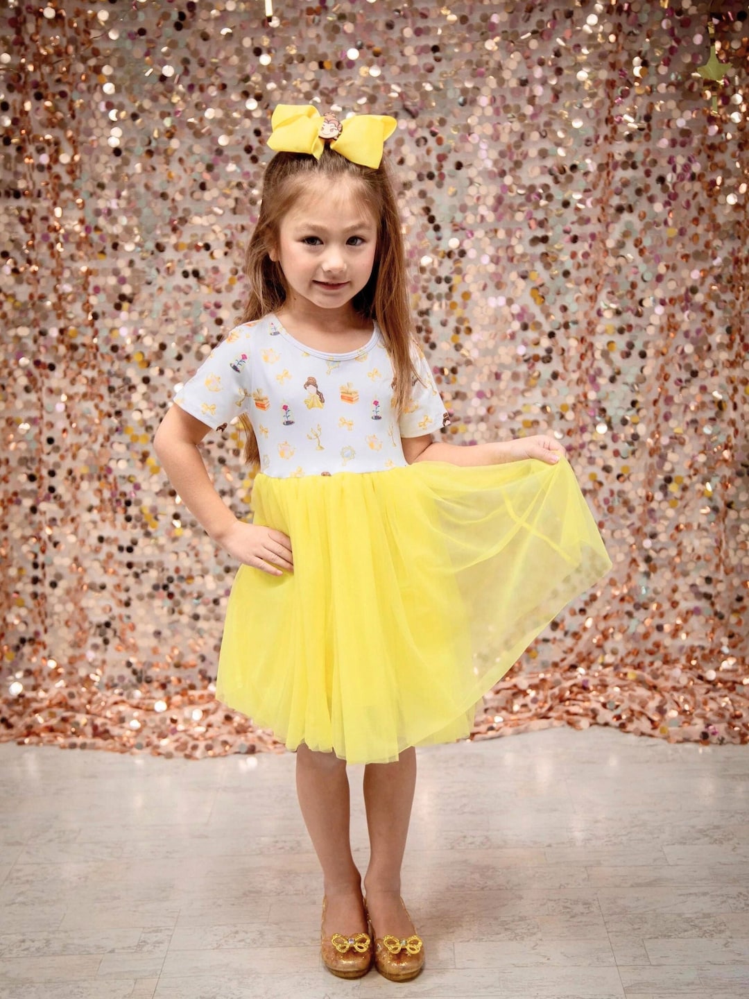 Beauty Dress Girl Princess Gown Theme Park Outfit Yellow Dress Tulle