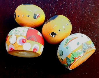 Set of Vintage Kokeshi Japanese Traditional Family Bobble Head Hand-Painted Dolls