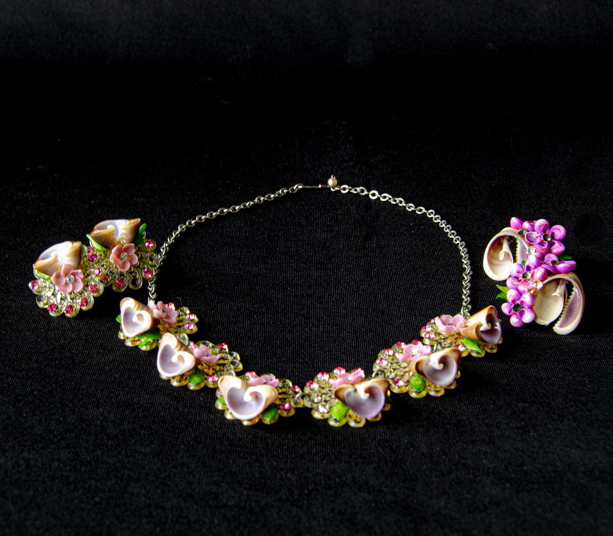 Purple and Pink Shell Jewelry Set with 2 Pairs of Clip-On Earrings and a Matching Necklace