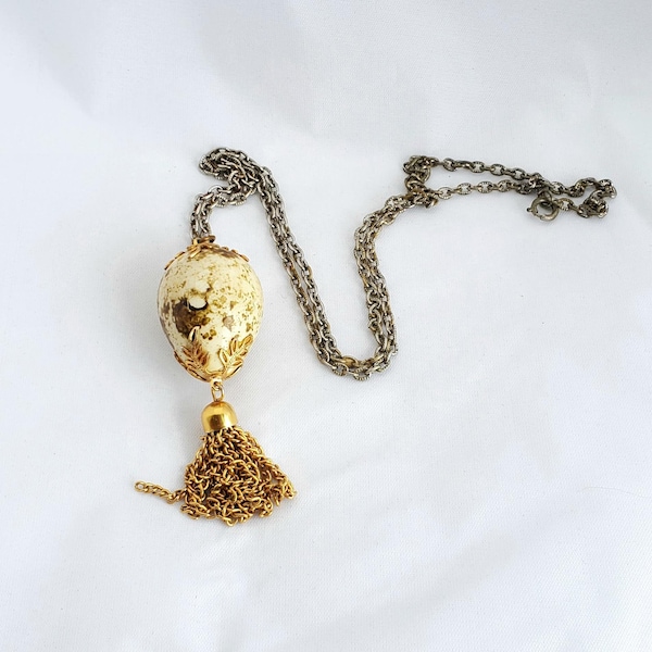 Vintage Cream and Brown Quail Egg Tassel Pendant Necklace with Golden Tassels