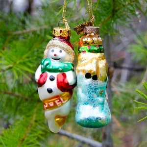 Delicate Hand-Blown German Glass Ornaments -Snowman and Reindeer