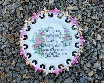 Vintage Muttertag Teller mit schönem Gedicht und rosa Blumen