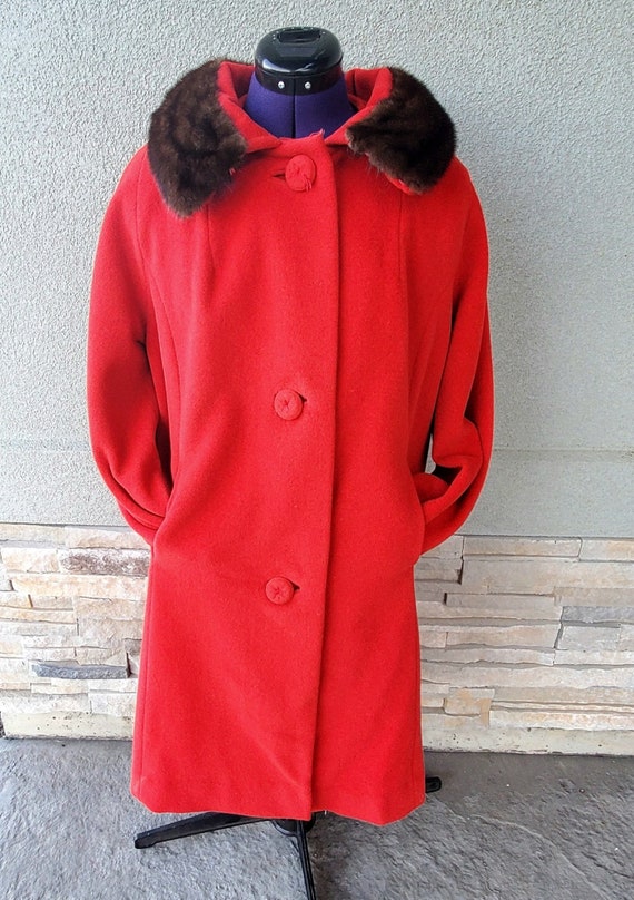1950-60s Bright Red Wool Swing Jacket with Real F… - image 4
