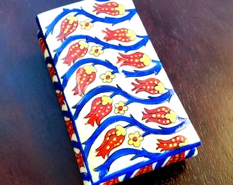 Vintage Miniature Turkish Hand-Painted Trinket Box - Painted with Red and Blue Flowers
